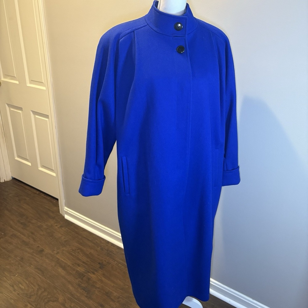 Vintage International Scene Royal Blue Shoulder Pads‎ Wool Trench Coat Size 9/10